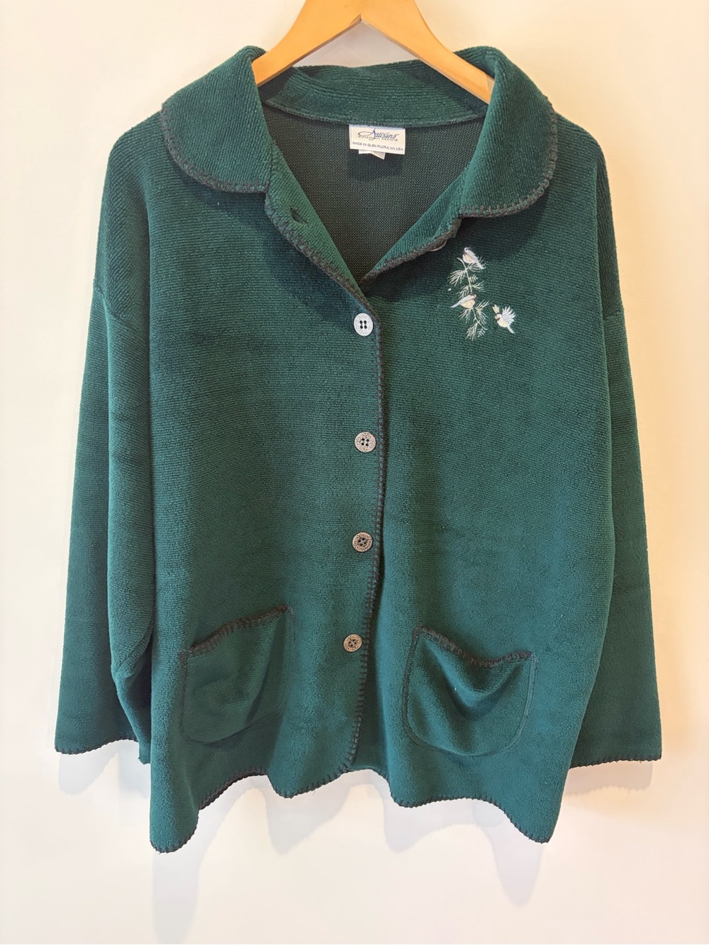 Cozy Embroidered Forest Green Button-Up Jacket XXL Grandmacore Cottagecore